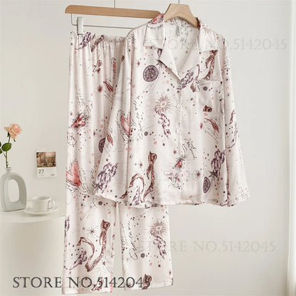 Fashion Floral Print Satin Pajamas Set for Women – Spring Summer Loose Sleepwear Loungewear Homewear Suit