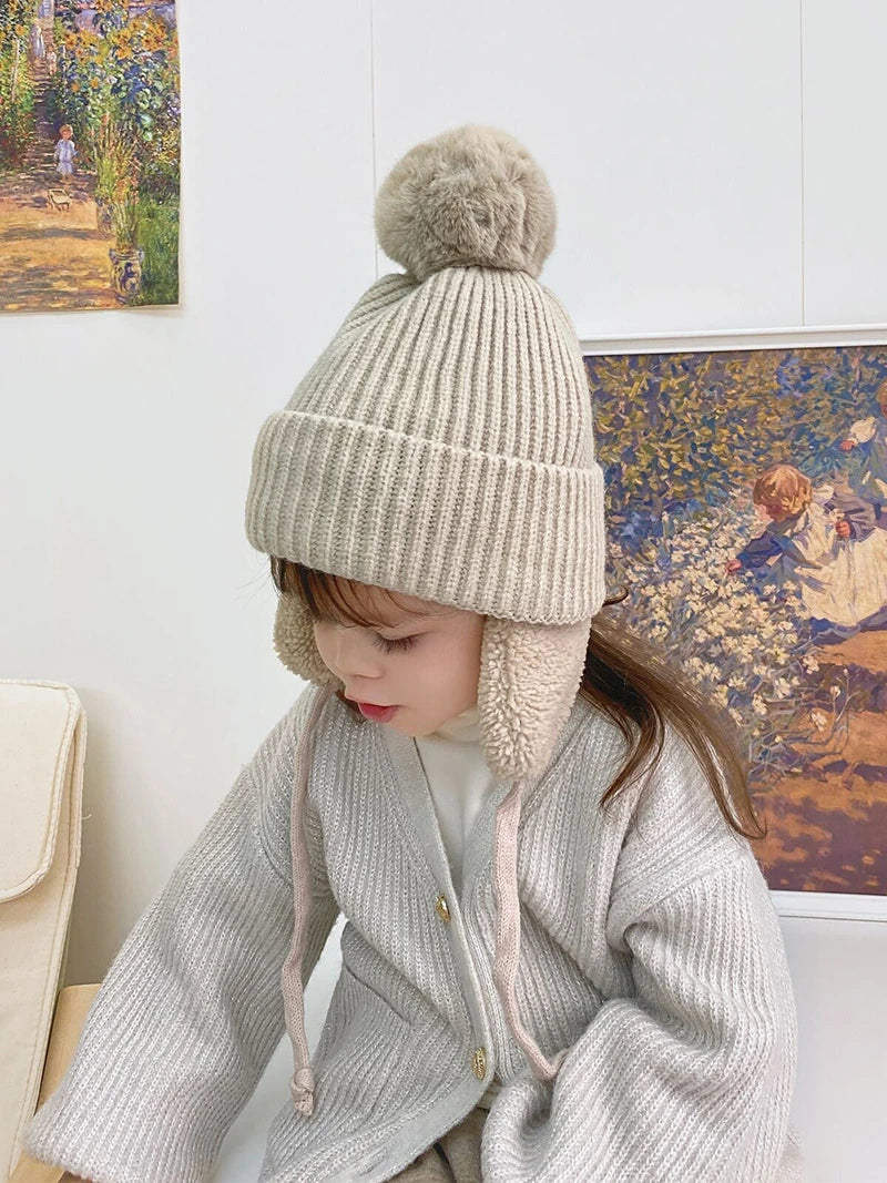 Winter Baby Beanie Hat with Pompom & Earflaps – Thick Wool Plush Knitted Cap for Girls & Boys, Ages 2-8T