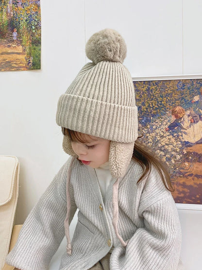 Winter Baby Beanie Hat with Pompom & Earflaps – Thick Wool Plush Knitted Cap for Girls & Boys, Ages 2-8T