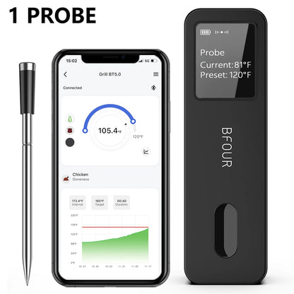 Wireless Bluetooth Meat Thermometer - IP67 Waterproof Probes with LCD Display, Rechargeable Booster for Grilling, Smoker, BBQ & Oven