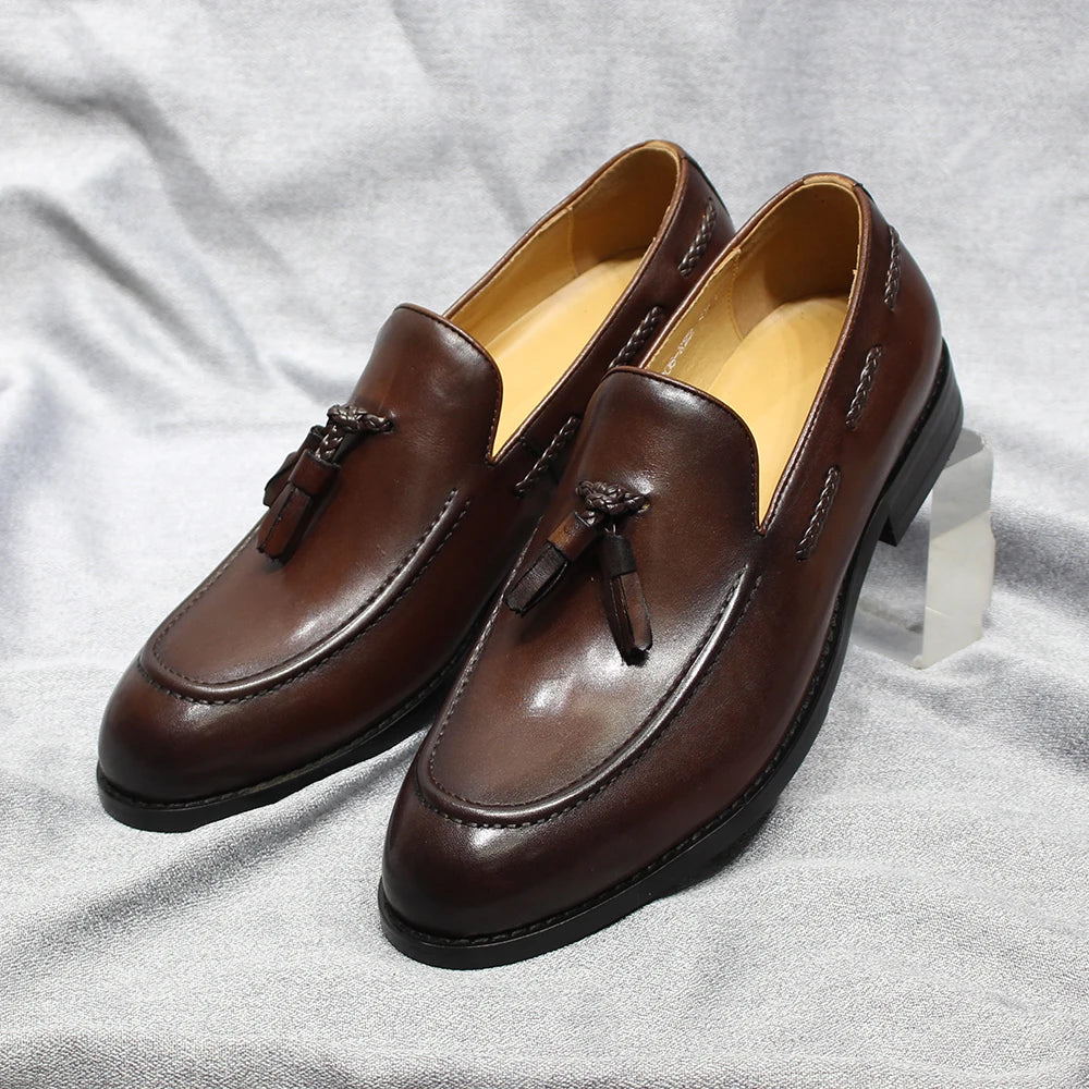 Men’s Italian Style Leather Loafers - Tassel Slip-On Wedding, Party & Office Dress Shoes