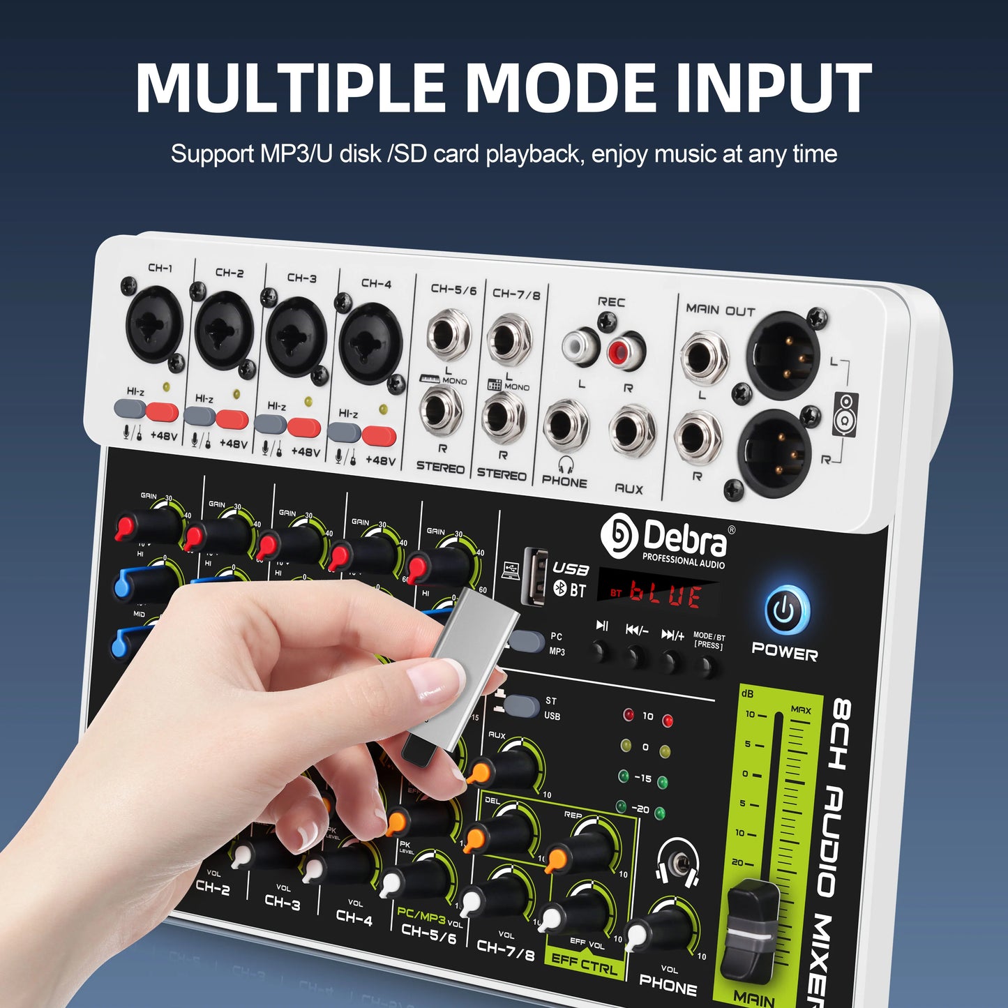 Debra V8 8-Channel Audio Mixer – Bluetooth & USB Mixer with 48V Phantom Power, Delay/Repeat Effects for PC Recording & Sound Console