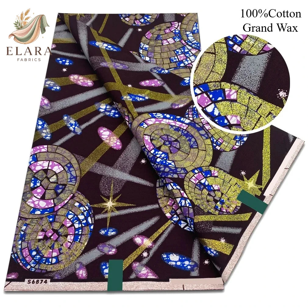 Grand Super African Wax Fabric - 100% Cotton Nigerian Glitter Glam Gold Ankara Print for Sewing