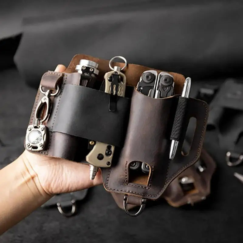 Men’s Leather EDC Belt Sheath Organizer – Pocket Multitool Pouch with Pen & Flashlight Holder