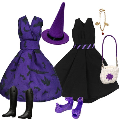 1/6 Doll Halloween Cosplay Outfit – Witch Dress, Cap, Belt, Bag & Broom for 12" BJD / 30cm Dolls