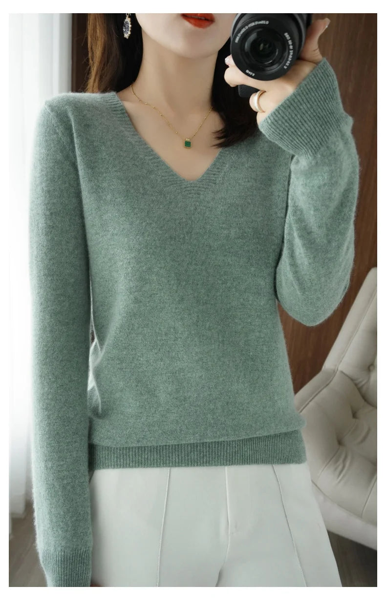 New Women’s Cashmere V-Neck Pullover – Lace Hollow Out Long Sleeve Knitted Sweater for Fall & Winter