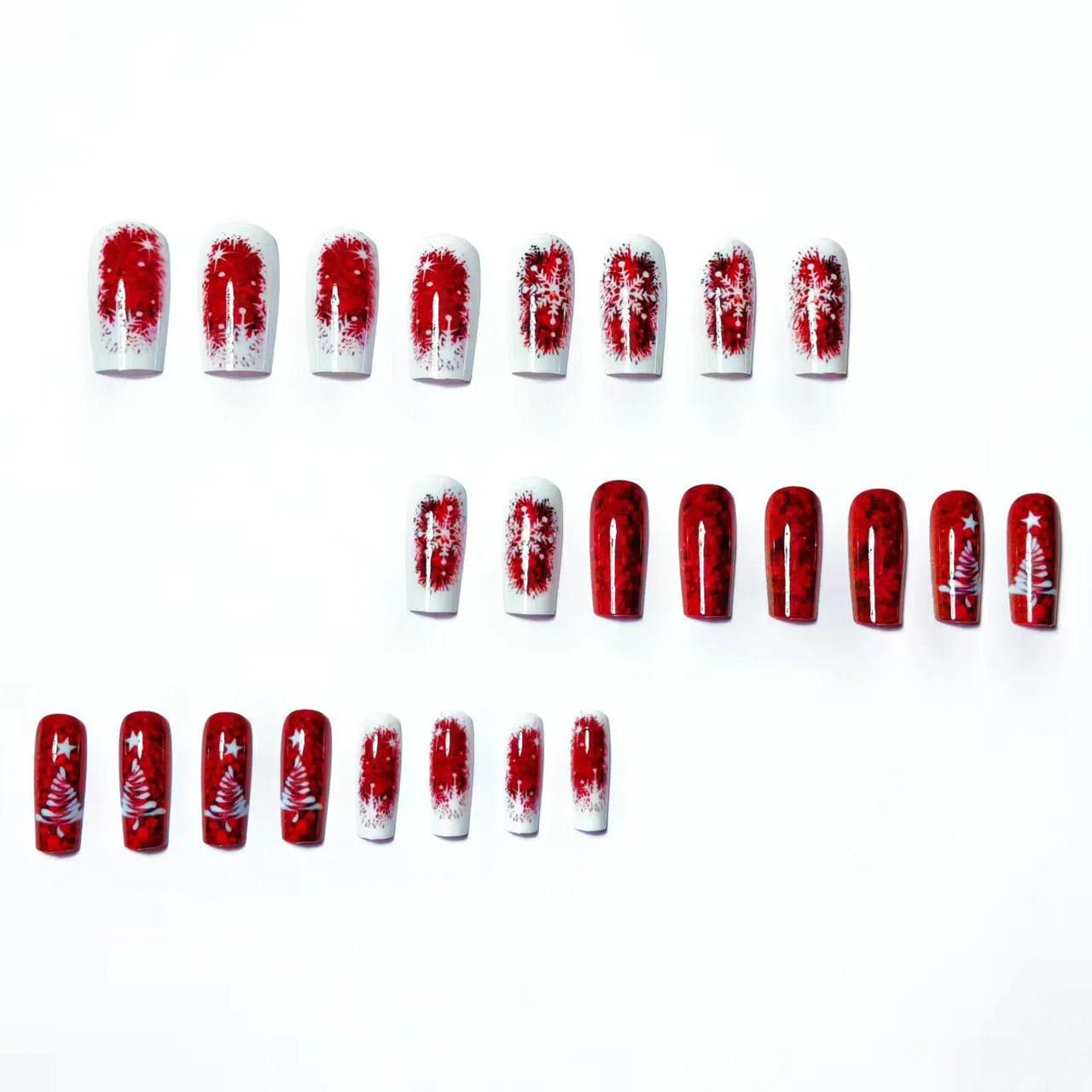 Medium Long Christmas Fake Nails – Square & Almond Tips with Tree, Snowflake & Snowman Designs