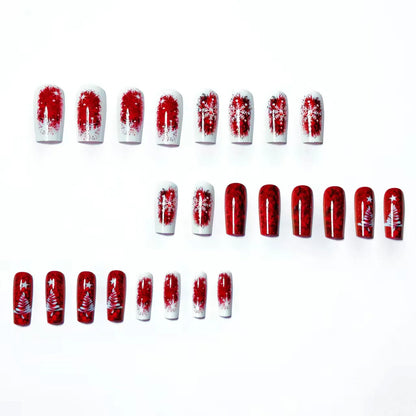 Medium Long Christmas Fake Nails – Square & Almond Tips with Tree, Snowflake & Snowman Designs