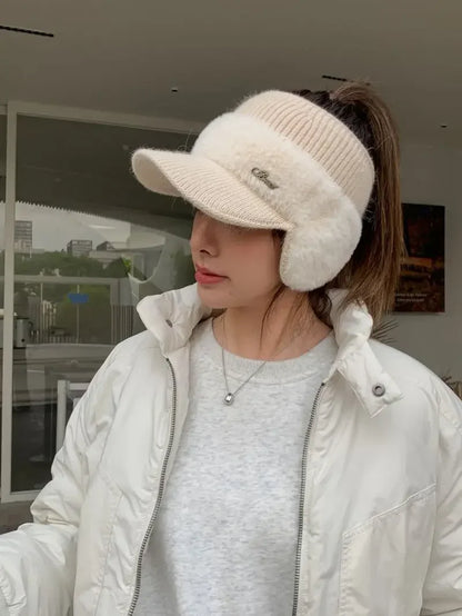 Winter Hats for Women 2023 – Fashionable Knitted Earflap Baseball Cap, Windproof Ponytail Visor for Outdoor Sports