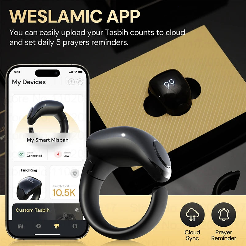 Weslamic Smart Tasbeeh Zikr Ring – Digital Islamic Tally Counter with Prayer Reminder, Magnetic Charging & Waterproof