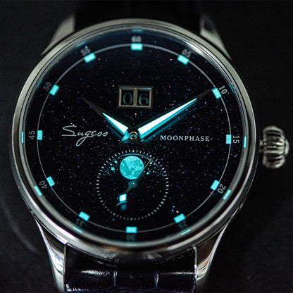 Sugess Moonphase Men’s Automatic Mechanical Watch — 40MM Stainless Steel with Seagull ST2528 Movement and Blue Sandstone Dial