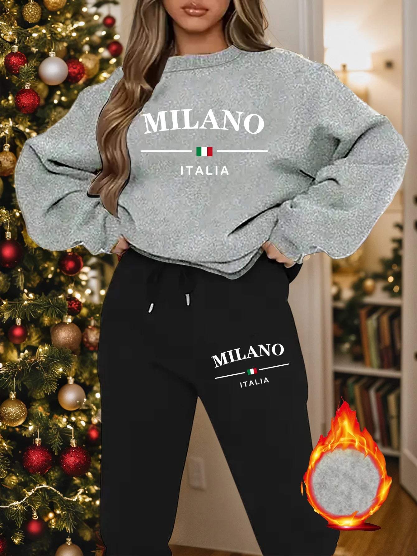 Women's Milano Italia 2-Piece Winter Set - Plush Warm Hooded Sweatshirt & Sports Pants Outfit