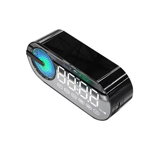 Quiet Wireless Bluetooth Speaker Alarm Clock – RGB TWS LED Mirror Digital Clock with USB, FM, Large Display for Living Room & Office