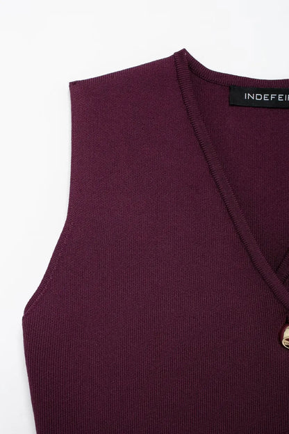 TRAFZA 2025 Women’s Wine Red Skirt Set – Knitted V-Neck Vest with High Waist Zipper Patchwork Long Skirt