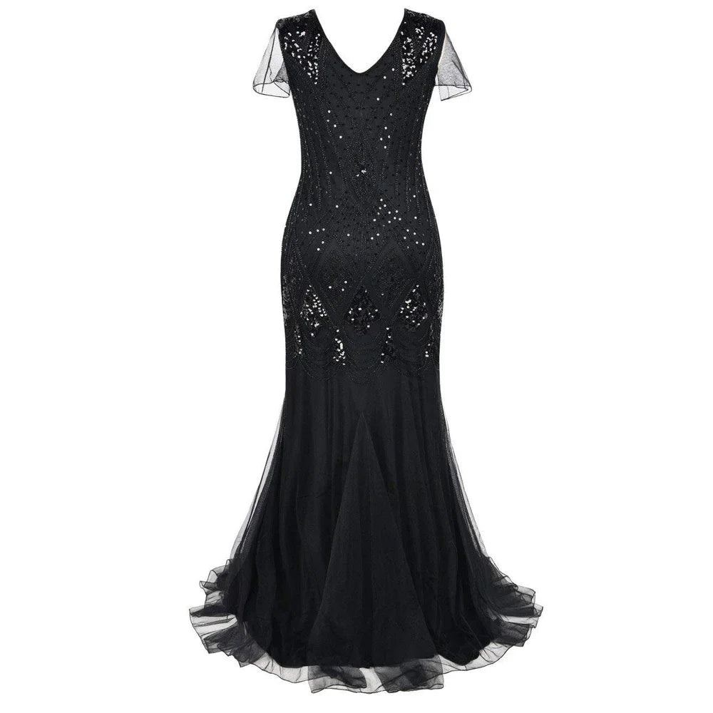 Women’s 1920s Great Gatsby Flapper Dress – Vintage V-Neck Sequin & Bead Long Mesh Maxi Party Prom Gown