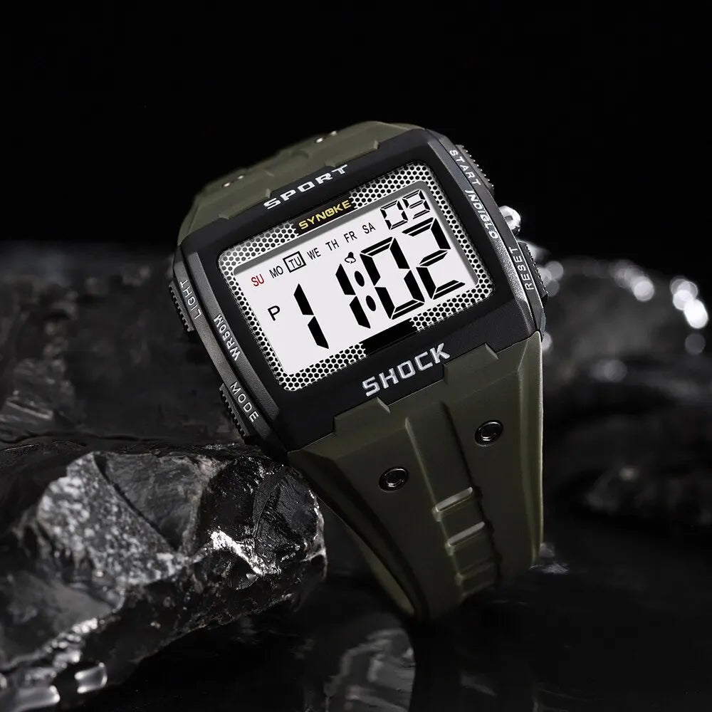 SYNOKE Men’s Sports Electronic Watch – Waterproof Night Glow Large Screen Square Outdoor Running & Camping Watch