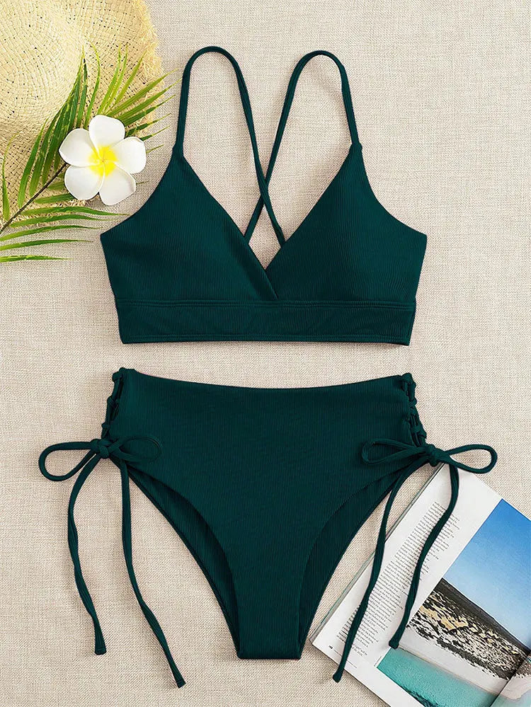 Cikini V-Neck Split Bikini Set – Sexy Lace-Up Triangular Solid Color Swimwear for Women