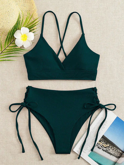 Cikini V-Neck Split Bikini Set – Sexy Lace-Up Triangular Solid Color Swimwear for Women