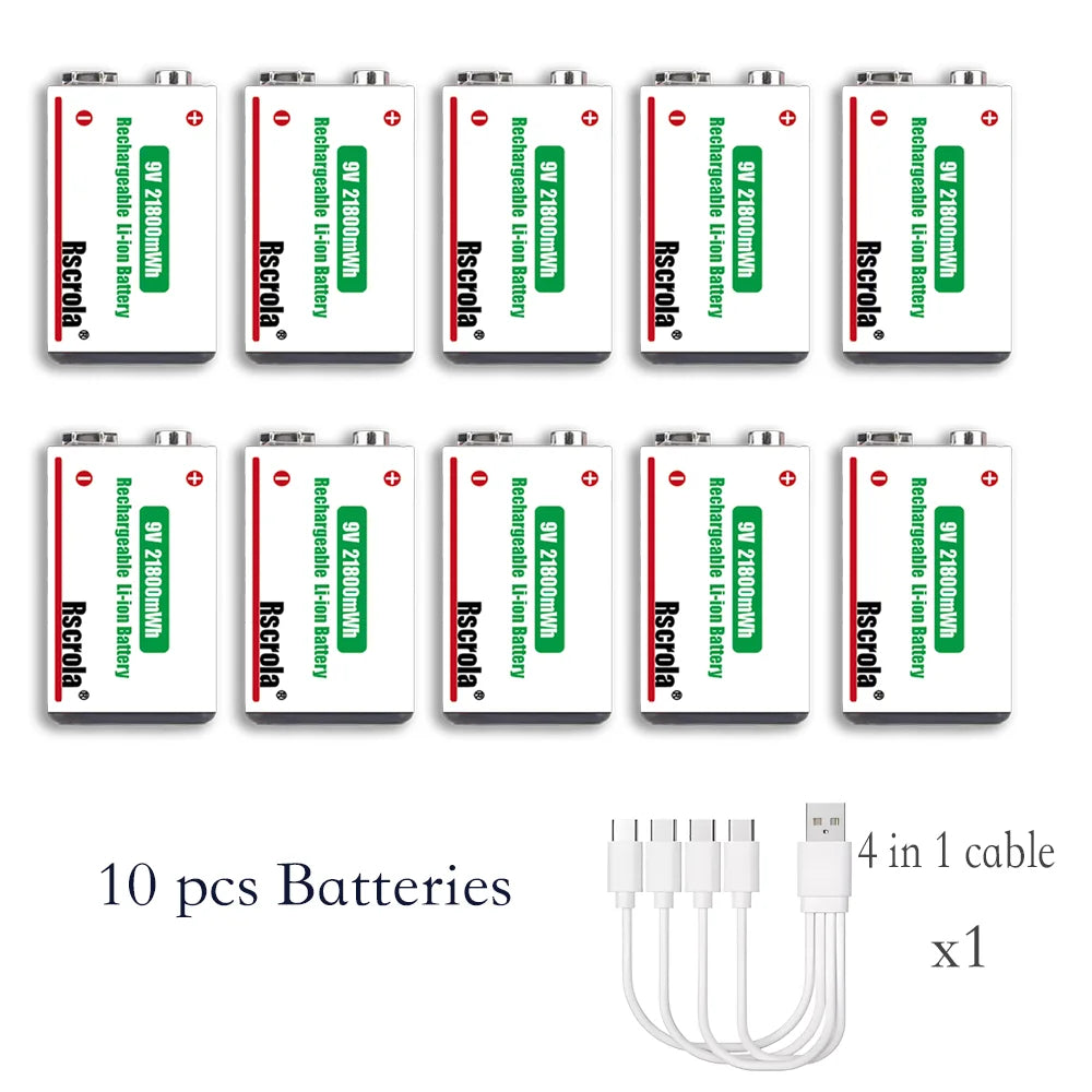 9V Lithium-Ion Rechargeable Battery 21800mWh – High-Capacity Power for Guitar, Microphone, Smoke Detector & Pedals with Cable