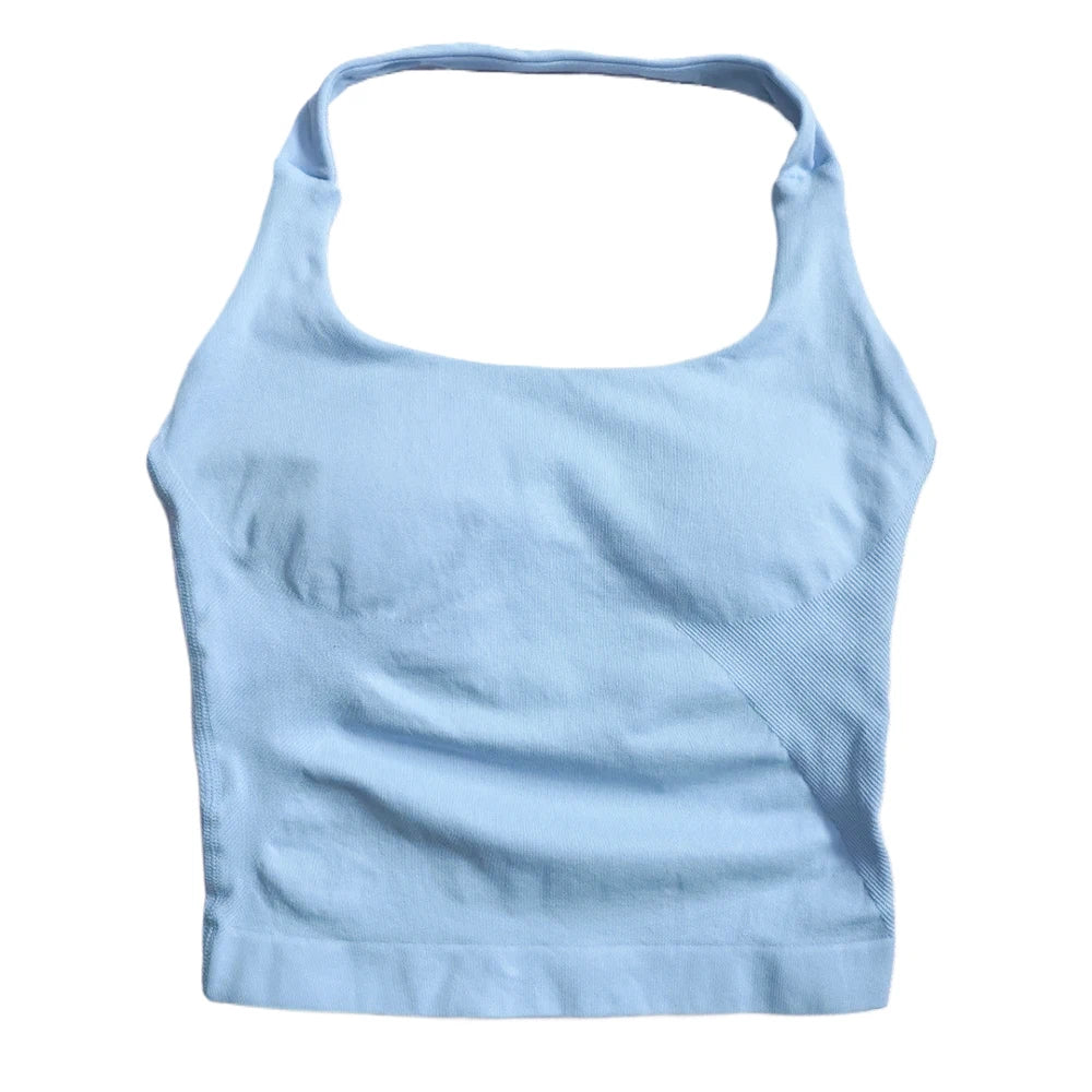 Women’s Strappy Gym Tank Top – Padded Sports Bra Backless Seamless Yoga Crop Top Halter Fitness Vest Activewear