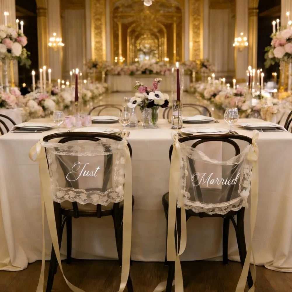Personalized Just Married Chair Signs - Lace Wedding Chair Banners for Bride & Groom