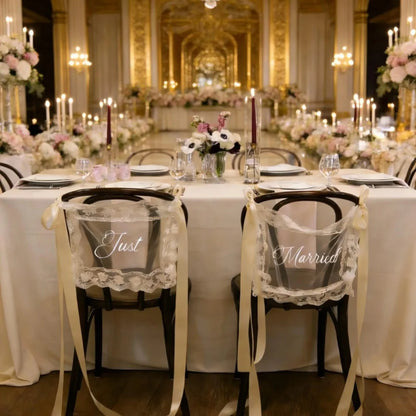 Personalized Just Married Chair Signs - Lace Wedding Chair Banners for Bride & Groom