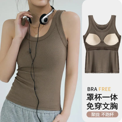 2024 New Women's Ribbed Tank Top - Solid Round Neck Camisole with Chest Pad | Summer Basic Elastic Y2K One-Piece Vest