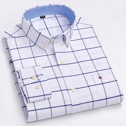 Men’s Cotton Oxford Shirt - Smart Casual Long Sleeve Plaid Print Dress Shirt, Regular Fit up to 6XL