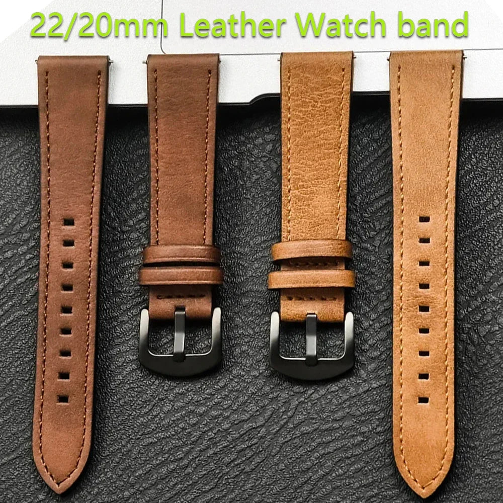 Leather Watch Strap 20mm/22mm - Vintage Replacement Band for Samsung Galaxy Watch 7/6/5/4 and Xiaomi Redmi Watch 3 Lite/Active