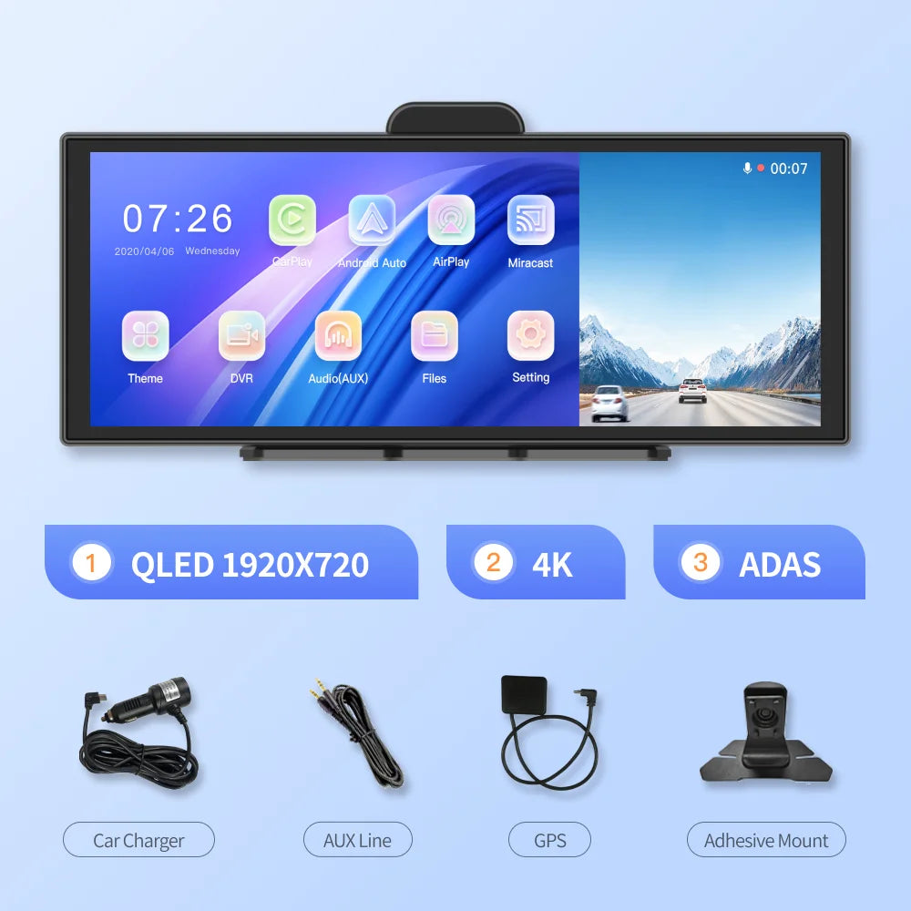 Imagebon 11.4″ H70 Pro 4K QLED Dash Cam - Wireless CarPlay & Android Auto, Dual Recording, Night Vision Car DVR