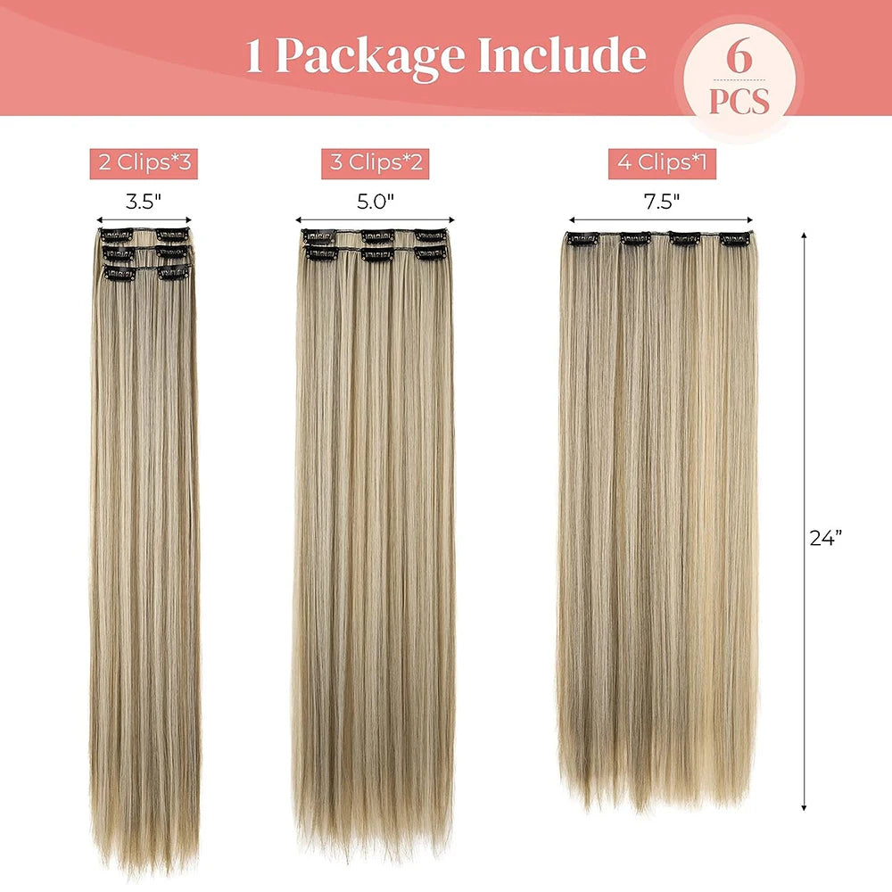 Black Hair Extensions: 24"/60cm, 140g, 6pcs/set Long Straight Synthetic - Full Head Clip, 16 Clips, Ombre, Heat Resistant Fiber for Women