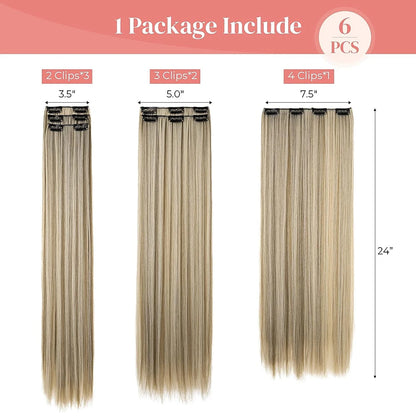 Black Hair Extensions: 24"/60cm 140g 6pcs/set Women's Long Straight Synthetic Full Head Clip - 16 Clips, Ombre, Heat-Resistant Fiber