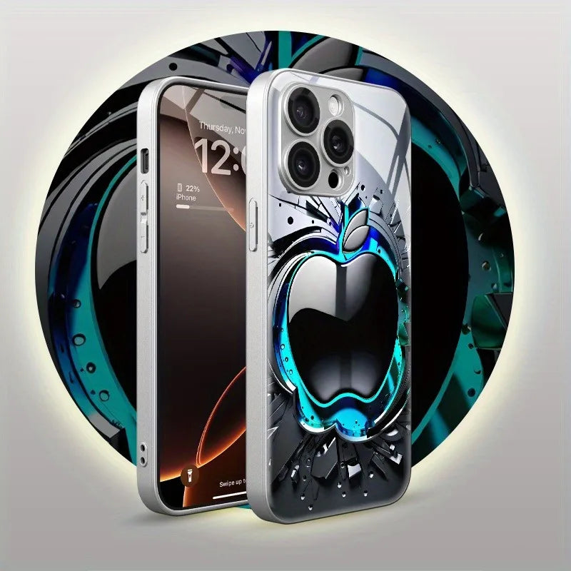 Black Grey Apple Pattern Glass Phone Case - Electroplated Protective Cover for iPhone 11-18 Pro Max, Plus, 16E & 17 Air