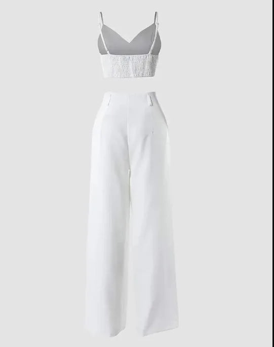 CM.YAYA Women’s 2-Piece Set – Spaghetti Strap V-Neck Crop Top & Wide Leg Pants, Party Tracksuit 2024