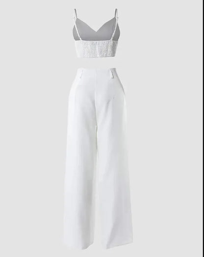 CM.YAYA Women’s 2-Piece Set – Spaghetti Strap V-Neck Crop Top & Wide Leg Pants, Party Tracksuit 2024