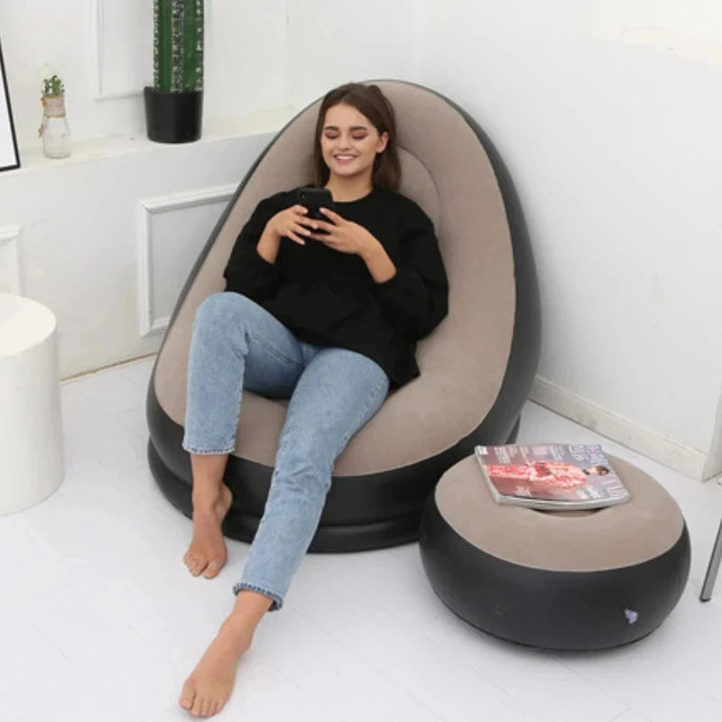 2PCS Inflatable Chaise Lounge Set - Portable Outdoor Recliner Sofa Chair with Footstool & Garden Ottoman