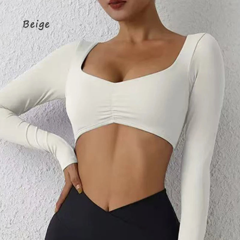 DIAS FIT JOY Women’s Nylon Gym Top – Long-Sleeve Pleated Yoga & Sports T-Shirt, Waist-Fitting Activewear