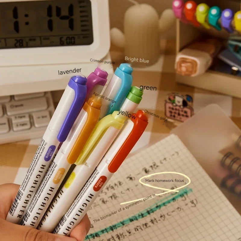 5-Color Double-Ended Highlighter Pen Set - Cute Pastel Fluorescent Markers for Drawing, Art, and Japanese-Style Stationery
