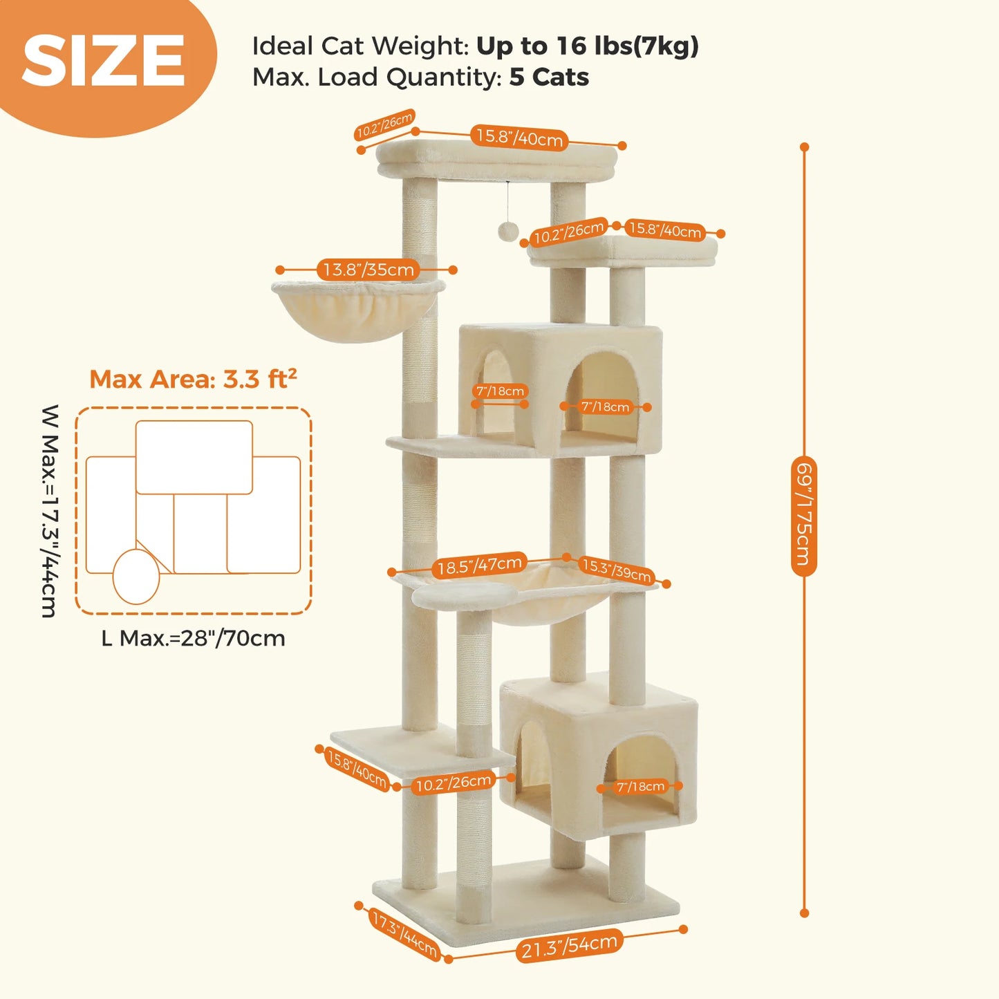 Large Cat Tree Tower – Multi-Level Plush Indoor Cat Condo with Scratching Posts, Boards, Perches & Caves