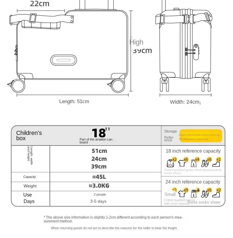 18-Inch Foldable Kids Suitcase with Seat – Lightweight PC Luggage for Boys & Girls, Compact Travel Pedal Boarding Case