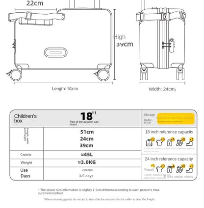18-Inch Foldable Kids Suitcase with Seat – Lightweight PC Luggage for Boys & Girls, Compact Travel Pedal Boarding Case