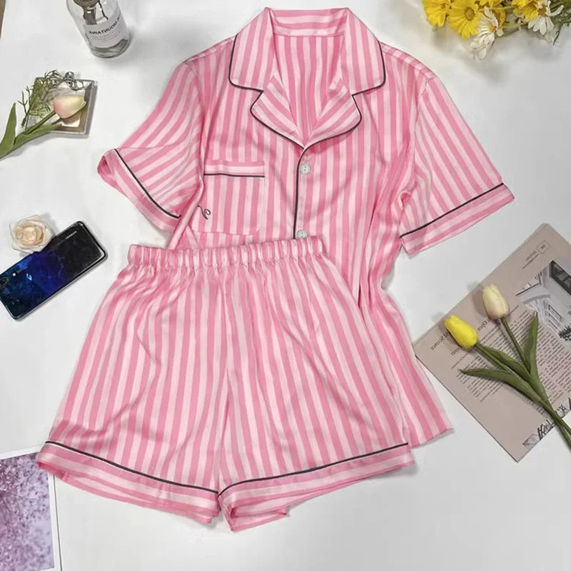 Plus Size Women’s Pajama Set – Short Sleeve Cardigan & Striped Shorts Two-Piece Homewear