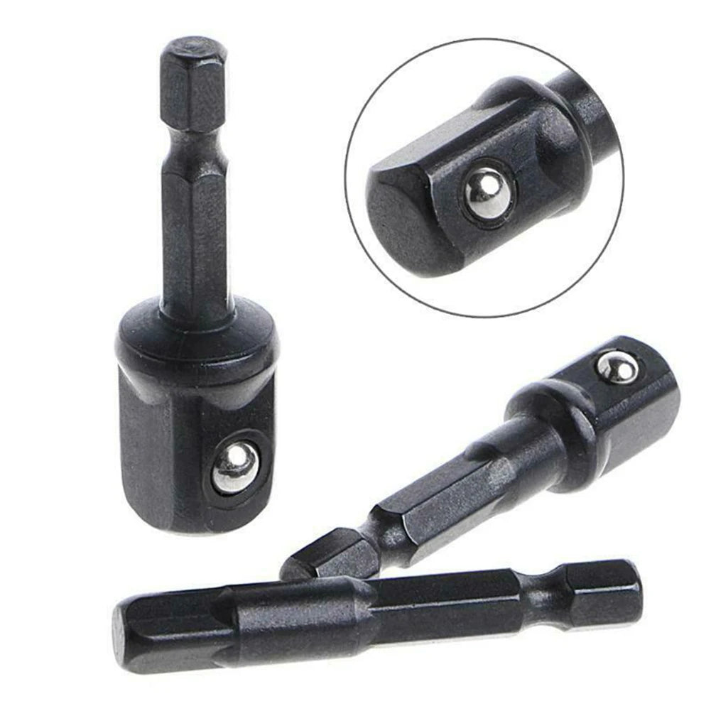 3pcs Impact Socket Adapter Set – 1/4", 3/8", 1/2" Hex Shank Nut Driver Extensions for Screwdrivers