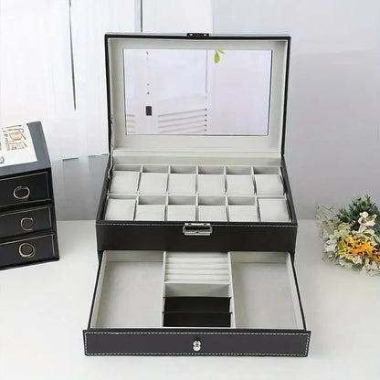 PU Leather Jewelry & Watch Organizer Box — Storage Case for Rings, Earrings, Bracelets, Perfect Gift Casket