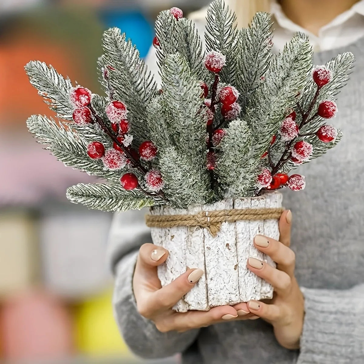 Snow White Artificial Pine Needle & Berry Bouquet – Christmas Decoration for Tree, Garland, Home Decor & DIY New Year Gift