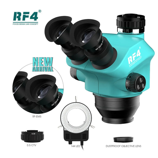 RF4 7-50X Trinocular Continuous Zoom Stereo Microscope – WF10X/22mm Eyepiece, Ideal for Mobile Phone PCB Welding & Repair