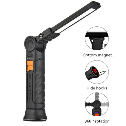 Portable COB LED Work Light - USB Rechargeable Magnetic Flashlight Camping Lantern with Hanging Hook