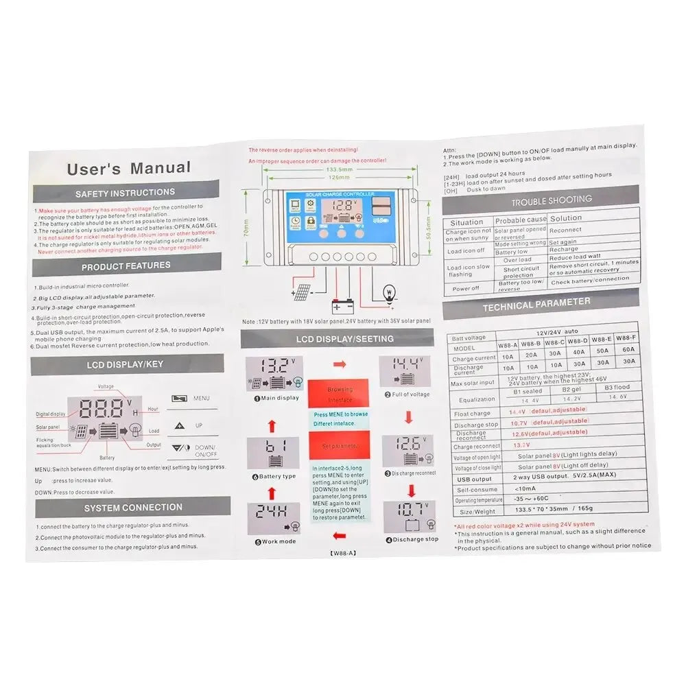 Solar Charge Controller with Dual USB - 12V/24V, 10A/20A/30A Auto LCD | Photovoltaic Panel PV Regulator & Load Discharger