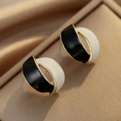 Korean Double Arc Enamel Stud Earrings – Blue Geometric Jewelry for Women