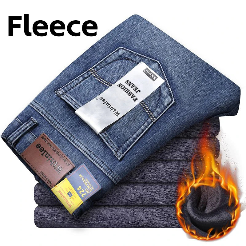 Men's Classic Stretch Jeans - Business Casual Straight Leg Denim Work Trousers in Blue & Black